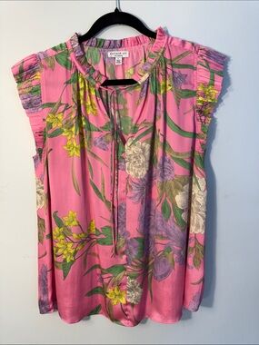 Current Air Pink Floral Tie-Neck Ruffled Cap Sleeve Top